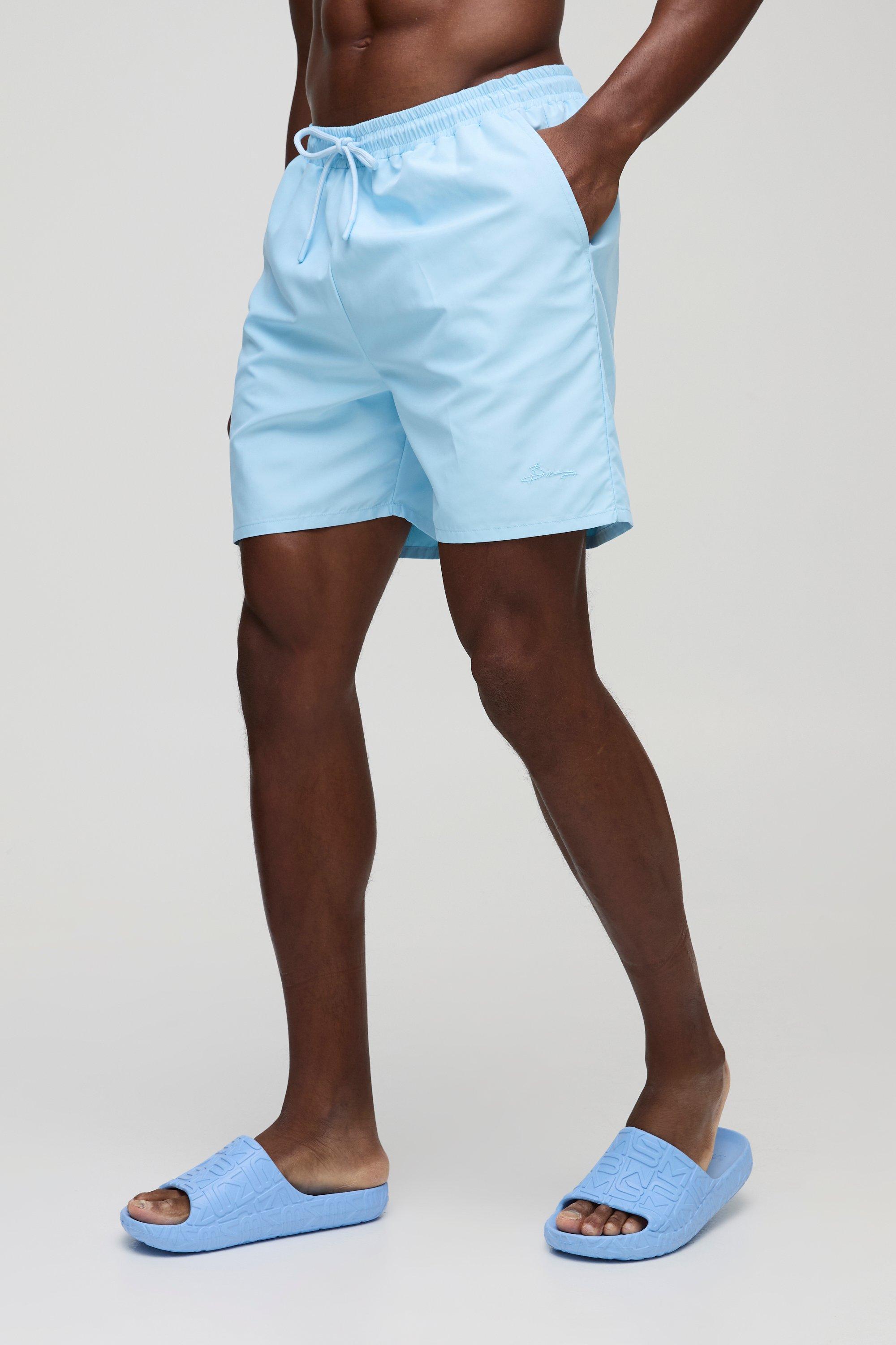 Mens Branded Mid Length Swim Short in Light Blue, Blue